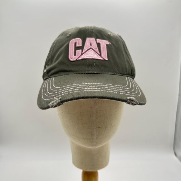 CAT Cap Womens Olive Green Cap Pink Logo Adjustable Strapback Distressed Hat - Picture 2 of 8